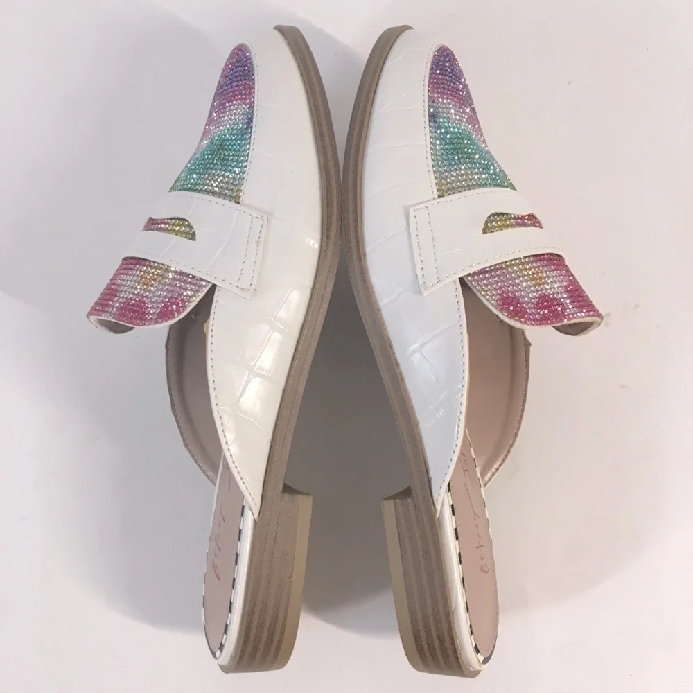 NEW Betsy Johnson Rainbow Rhinestone white loafer mule